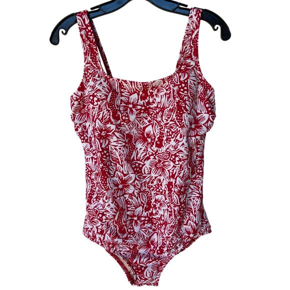 Land's End Tugless Tank Swimsuit with Red and White Cockatoo Print size 14 - Picture 6 of 11